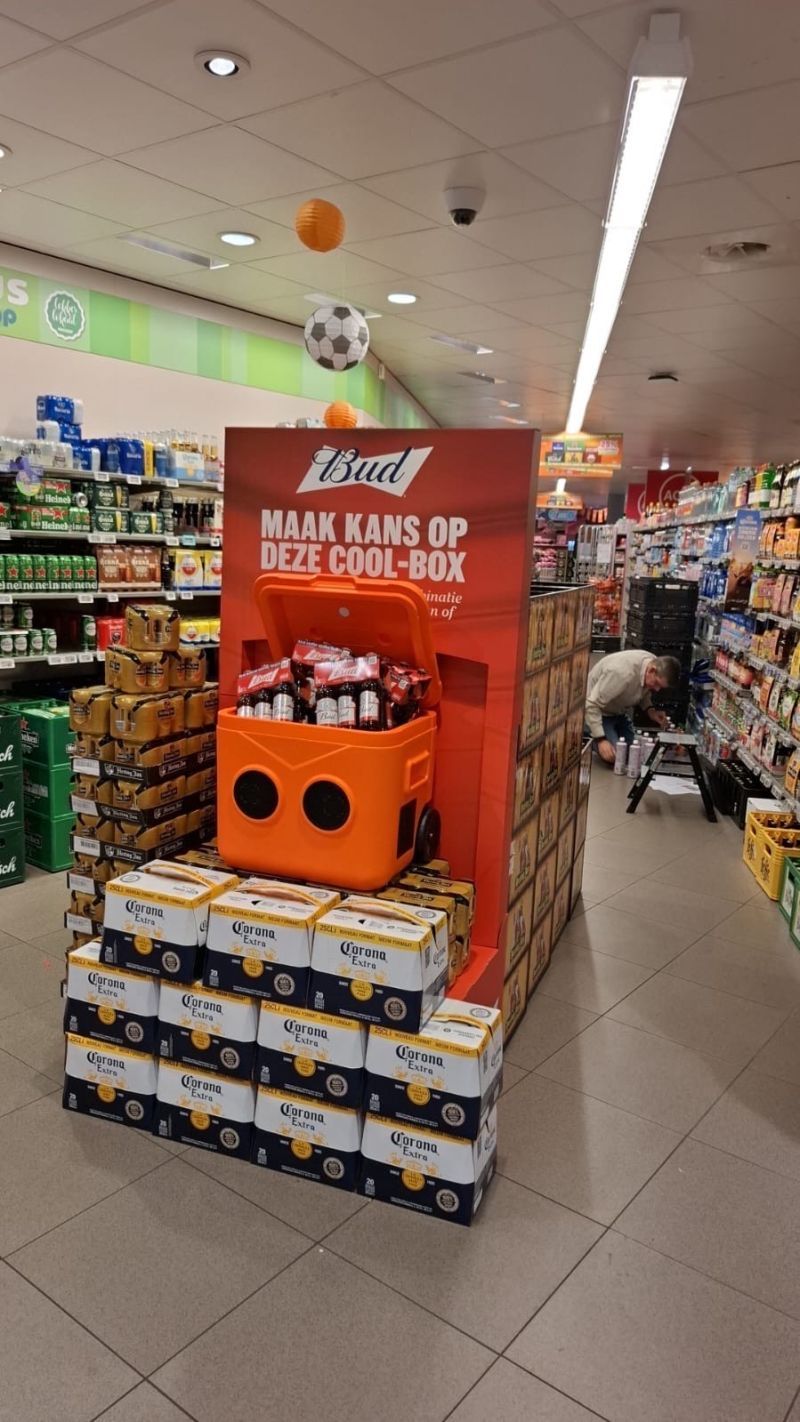 Bud cool box full of beer on a supermarket display