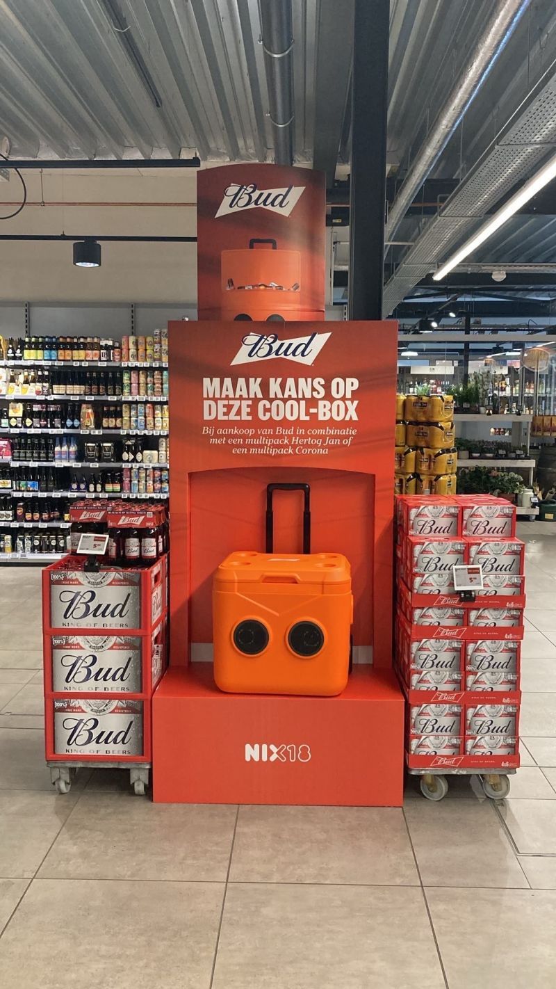 Bud cool box on a promotional display in a supermarket