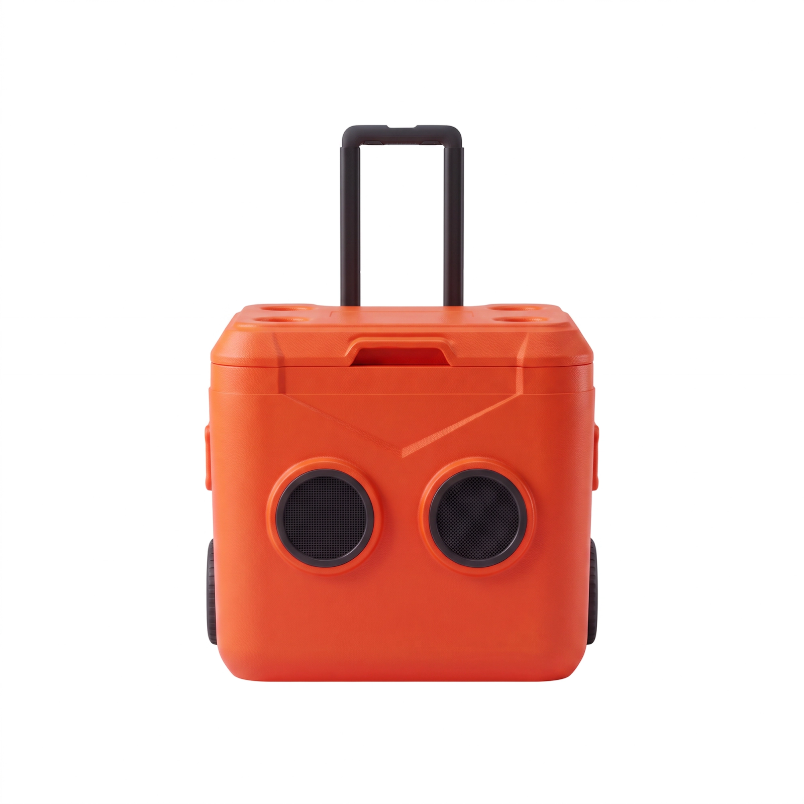 Orange Bud cool box on wheels, with two speakers in the front