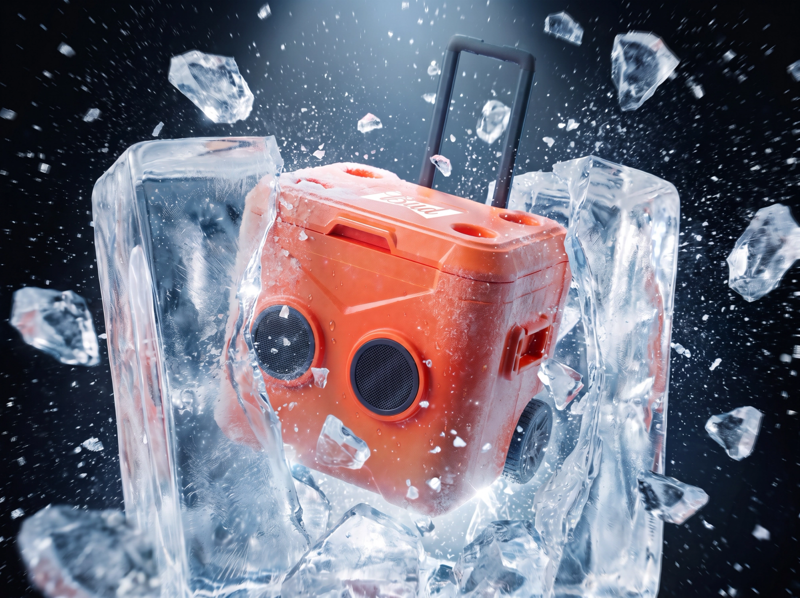Bud cool box bursting out of a block of ice