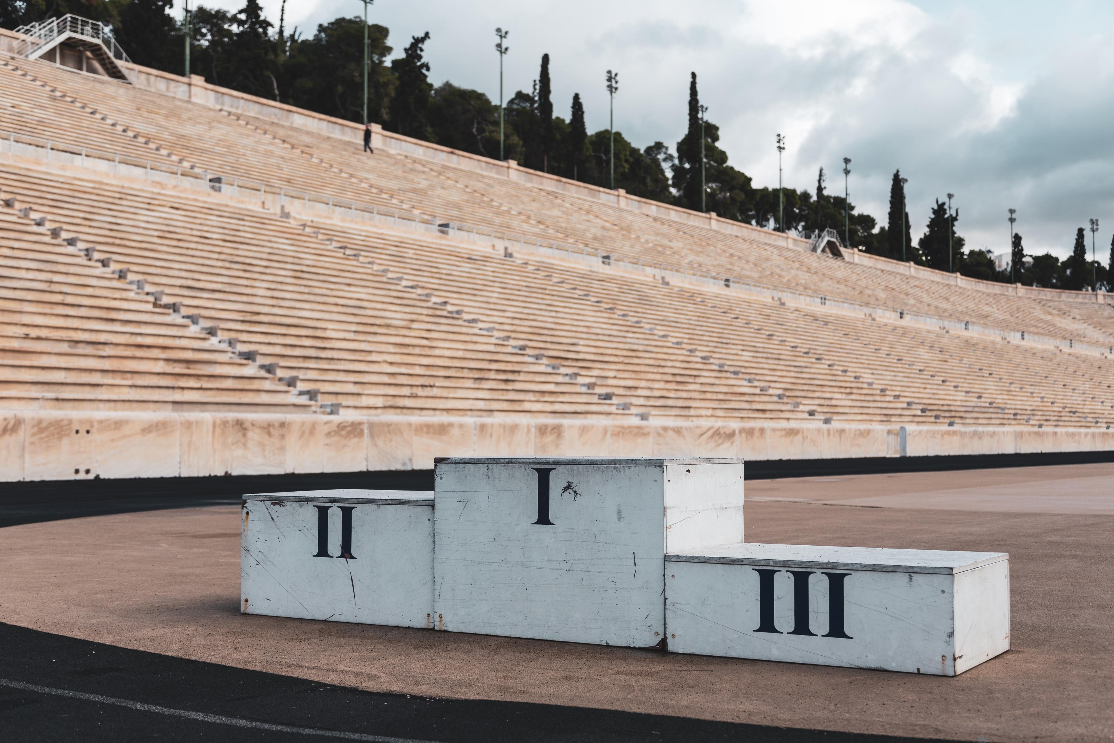 A podium inside a stadium.