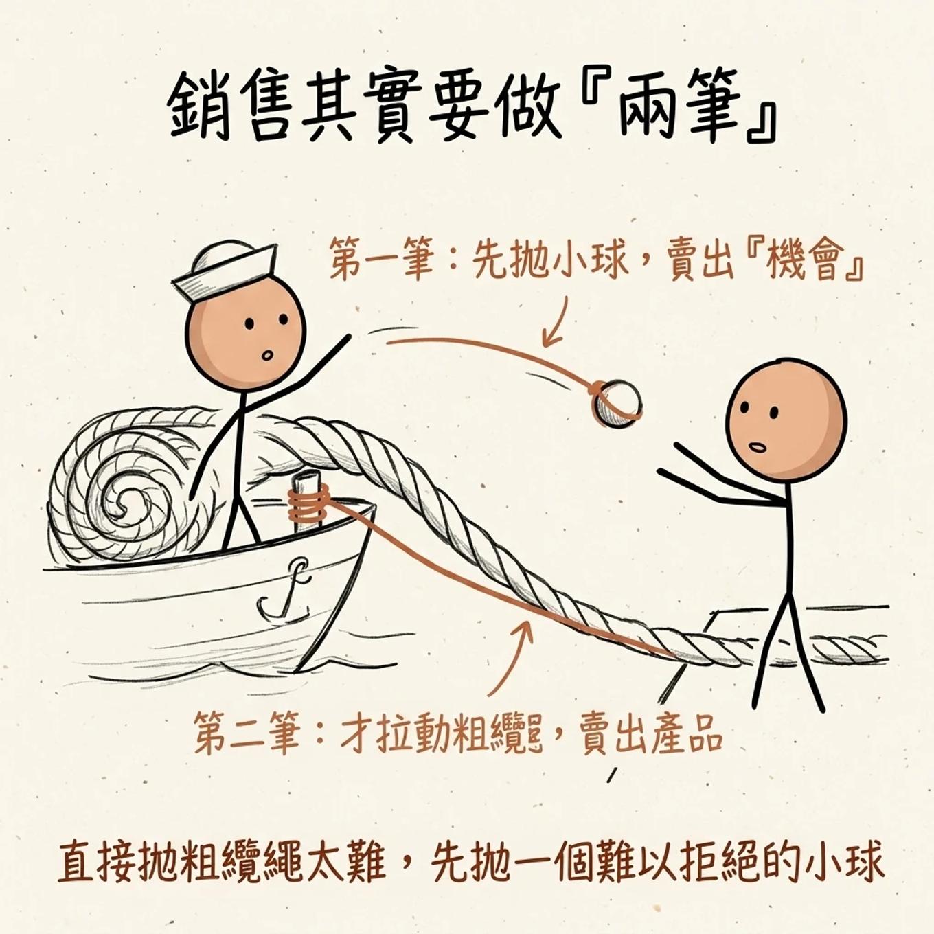 銷售其實要做兩筆：第一筆先拋小球賣出機會，第二筆才拉動粗纜繩賣出產品，直接拋粗纜繩太難先拋一個難以拒絕的小球