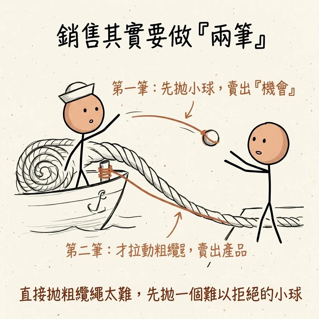 銷售其實要做兩筆:第一筆先拋小球賣出機會,第二筆才拉動粗纜繩賣出產品,直接拋粗纜繩太難先拋一個難以拒絕的小球