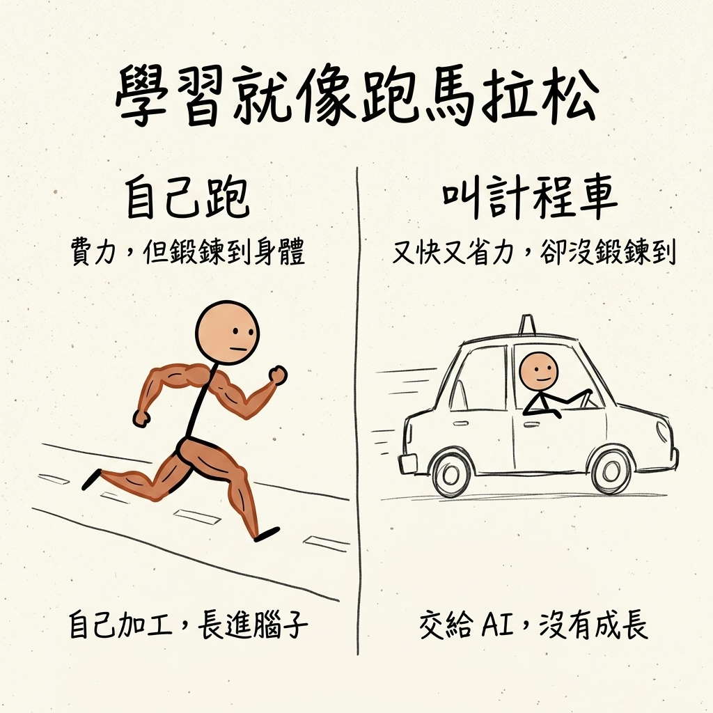學習就像跑馬拉松:自己跑費力但鍛鍊到身體、自己加工才長進腦子;叫計程車又快又省力卻沒鍛鍊到,交給 AI 沒有成長