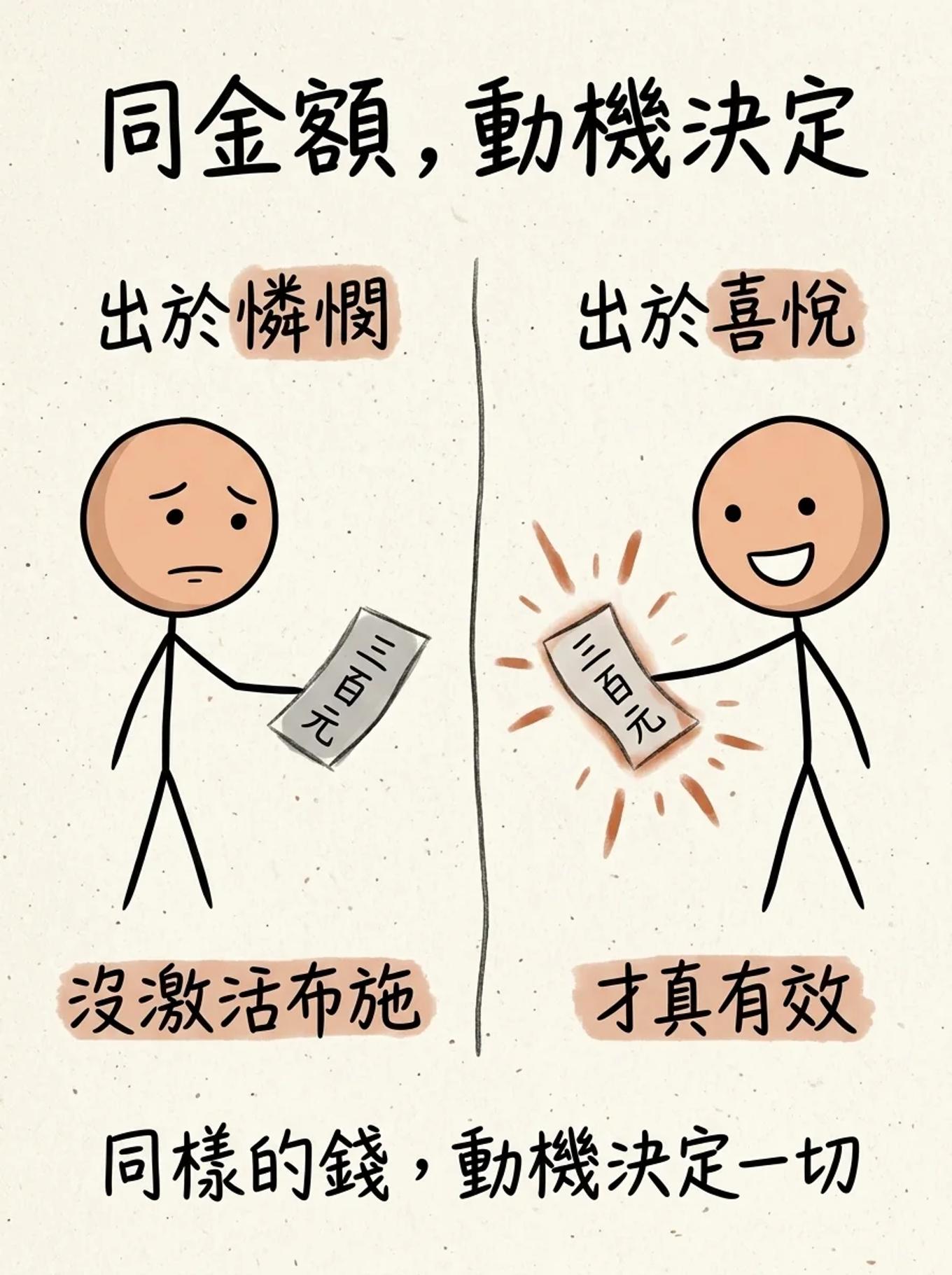 同樣布施三百元：出於憐憫捐沒激活布施，出於喜悅捐才真有效，同金額動機決定一切