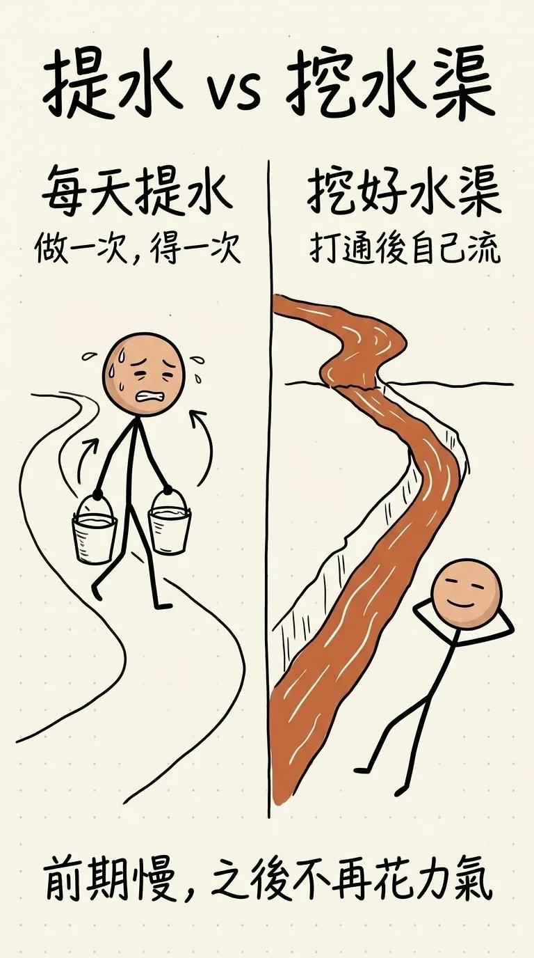提水 vs 挖水渠:一般人每天提水做一次得一次,有錢人挖好水渠打通後水自己流