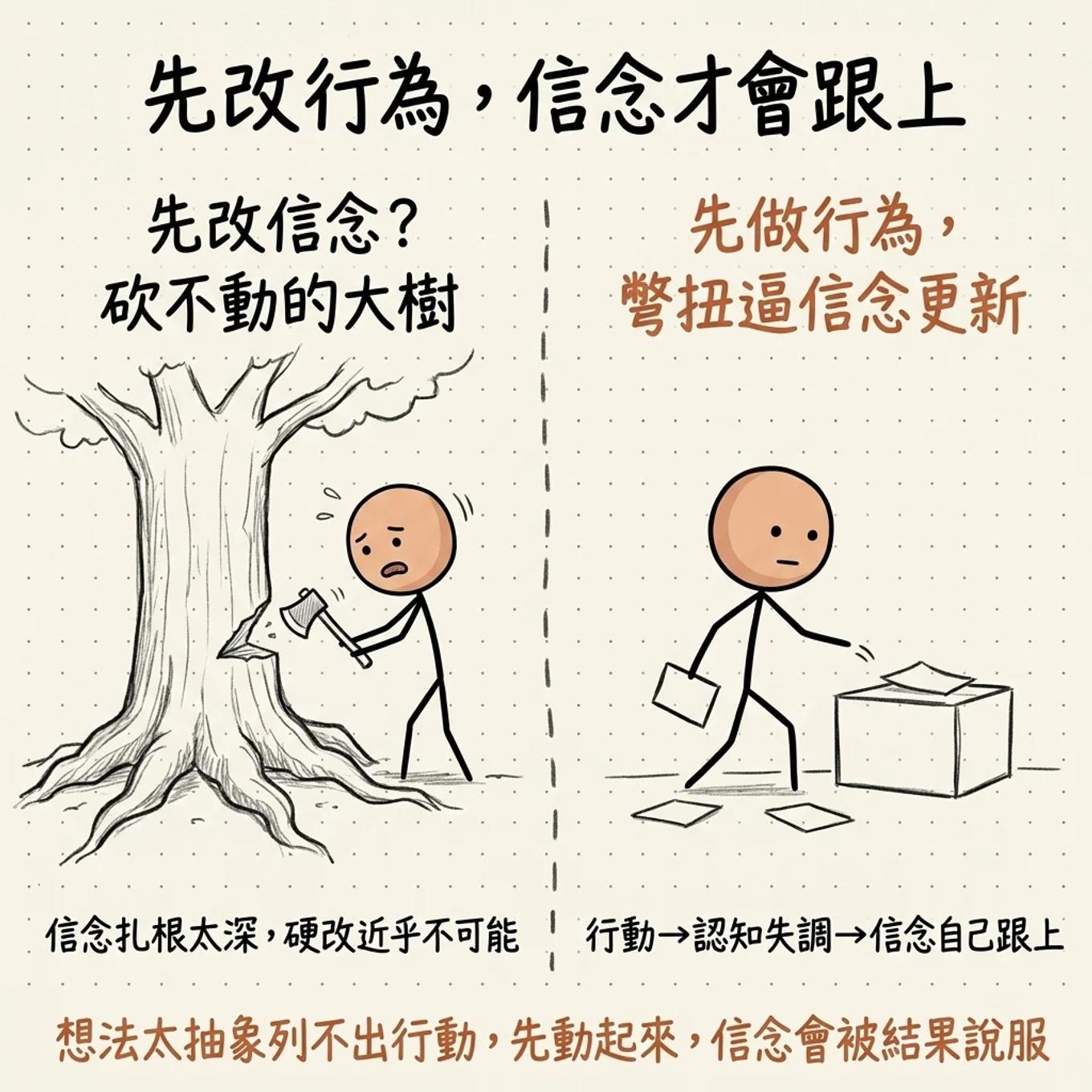 先改行為信念才會跟上：先改信念像砍不動的大樹信念扎根太深硬改近乎不可能，先做行為彆扭逼信念更新行動到認知失調到信念自己跟上，想法太抽象列不出行動先動起來信念會被結果說服