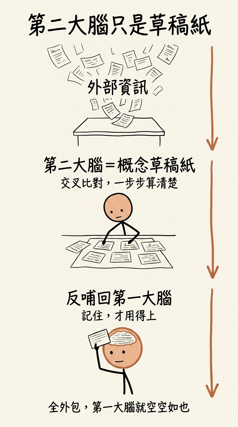 第二大腦只是草稿紙:外部資訊進來後,在第二大腦這張概念草稿紙上交叉比對、一步步算清楚,再把答案反哺記回第一大腦;全外包第一大腦就空空如也