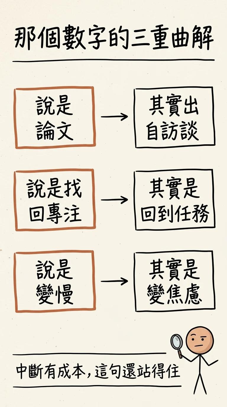 那個數字的三重曲解:說是論文其實出自訪談、說是找回專注其實是回到任務、說是變慢其實是變焦慮;但「中斷有成本」這句還站得住