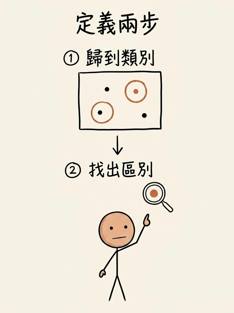 邏輯定義兩步:先把事物歸到最近類別,再找出它與同類的區別特性