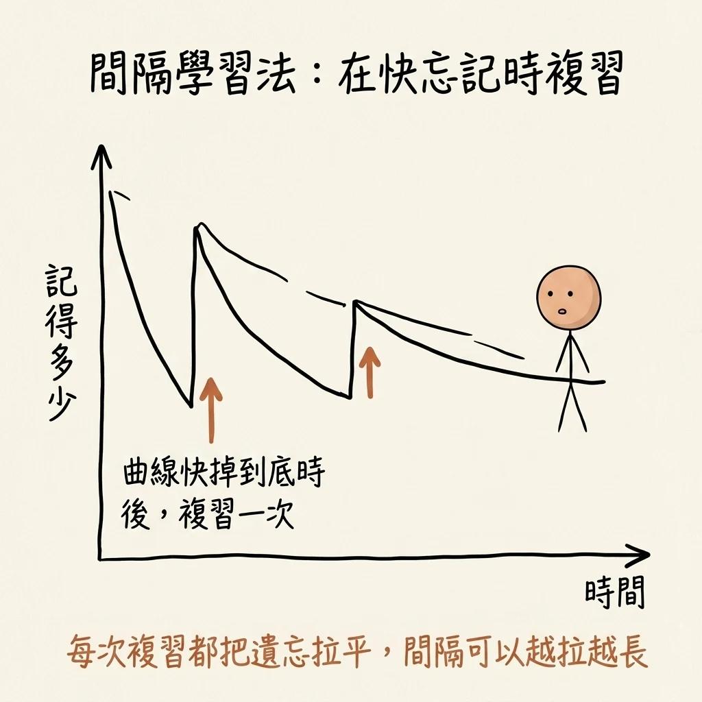 間隔學習法在快忘記時複習:遺忘曲線急速下滑,在快掉到底時複習一次把曲線拉回,每次複習都把遺忘拉平間隔可以越拉越長
