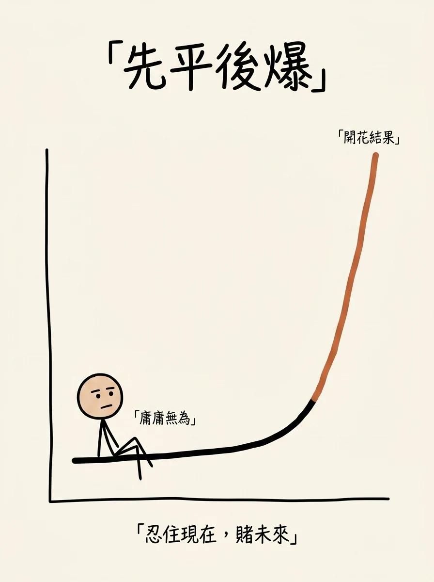 長期思維的複利曲線:前期長時間平緩庸庸無為,時間拉長後才陡然爆發開花結果
