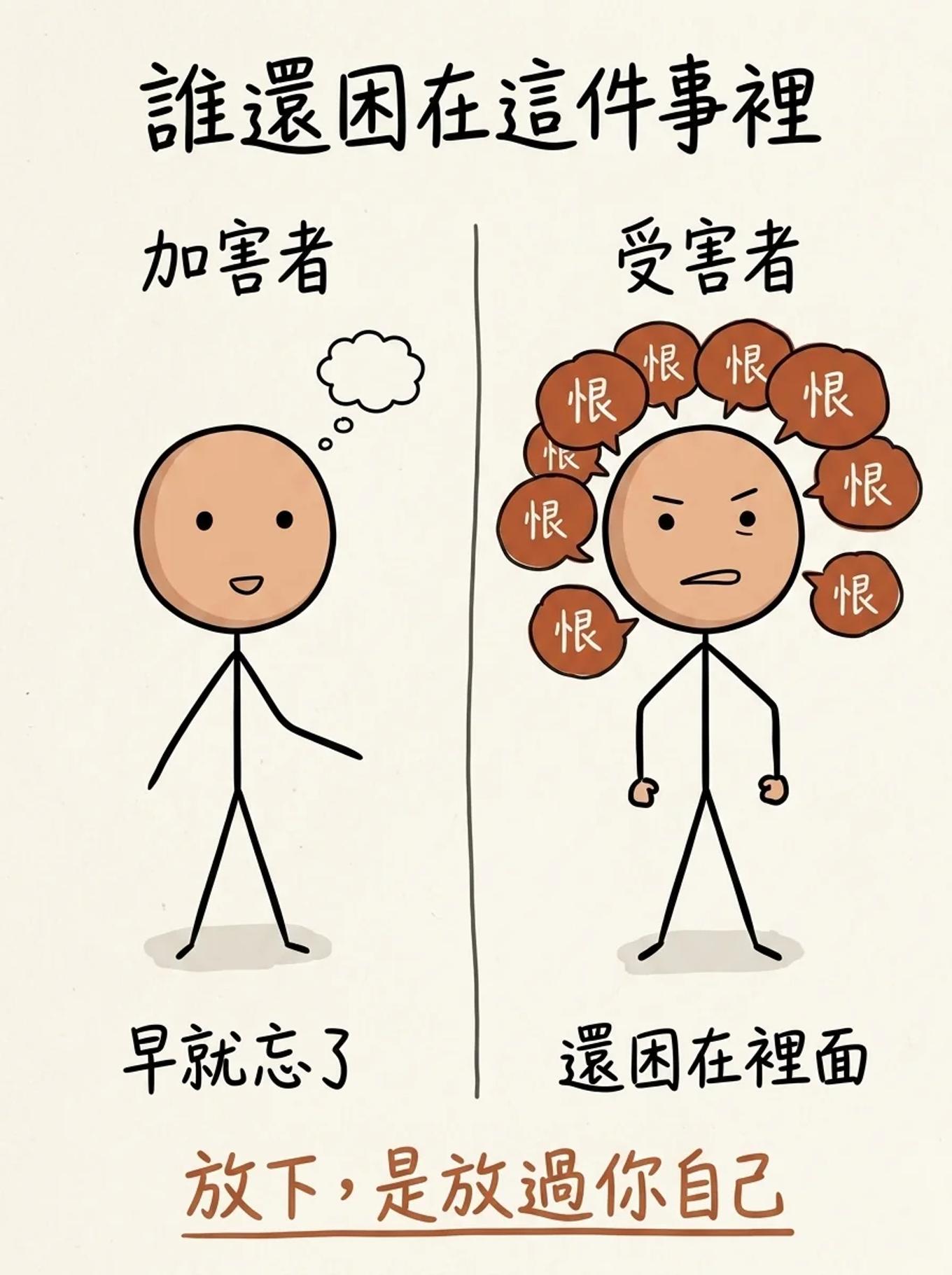 寬恕是放過自己：加害者早就忘了，受害者還困在恨裡，放下是放過你自己