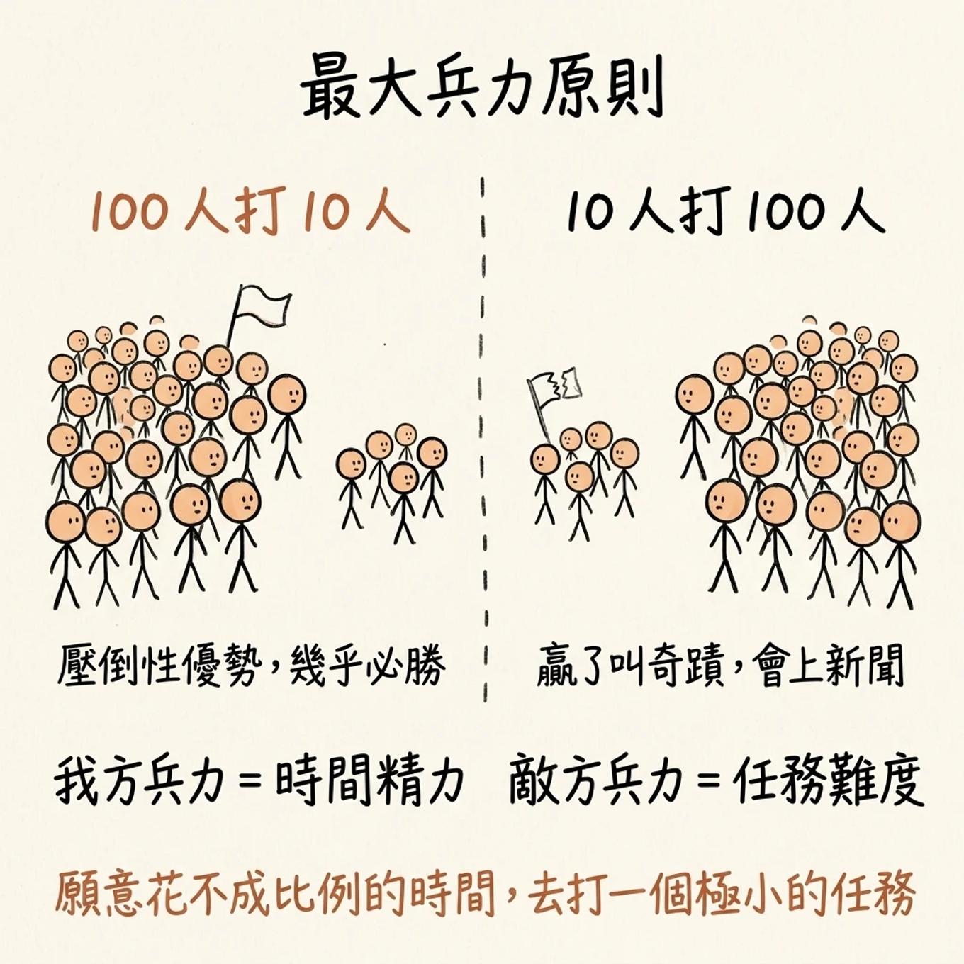 最大兵力原則：用一百人打十人壓倒性必勝，我方兵力是時間精力、敵方兵力是任務難度