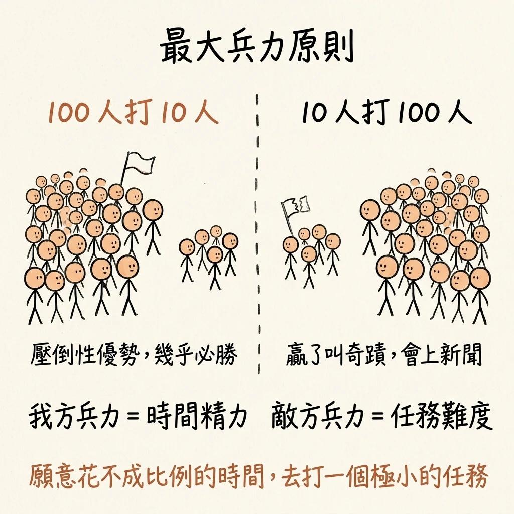 最大兵力原則:用一百人打十人壓倒性必勝,我方兵力是時間精力、敵方兵力是任務難度