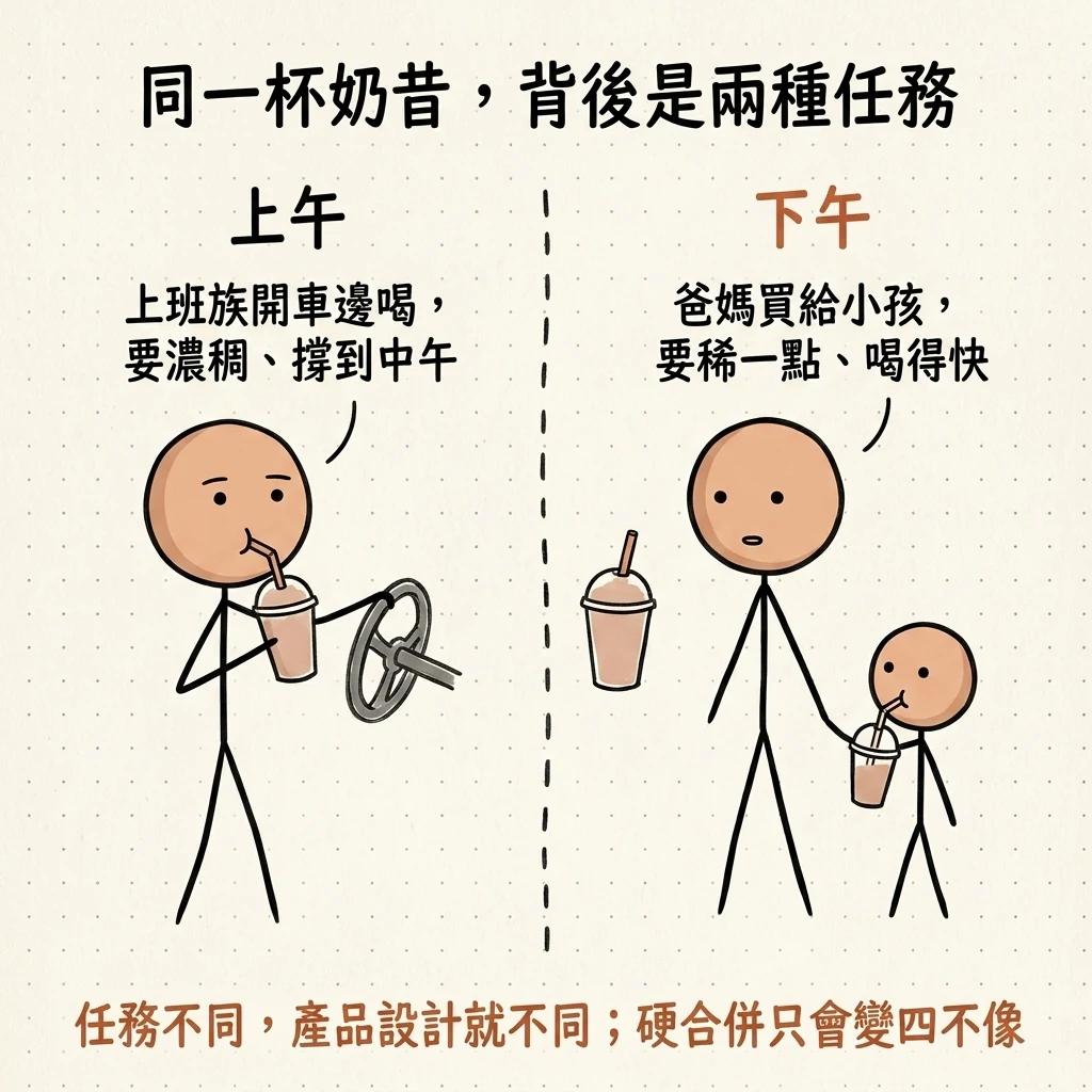 同一杯奶昔背後是兩種任務:上午上班族開車邊喝要濃稠撐到中午,下午爸媽買給小孩要稀一點喝得快,任務不同產品設計就不同硬合併只會變四不像