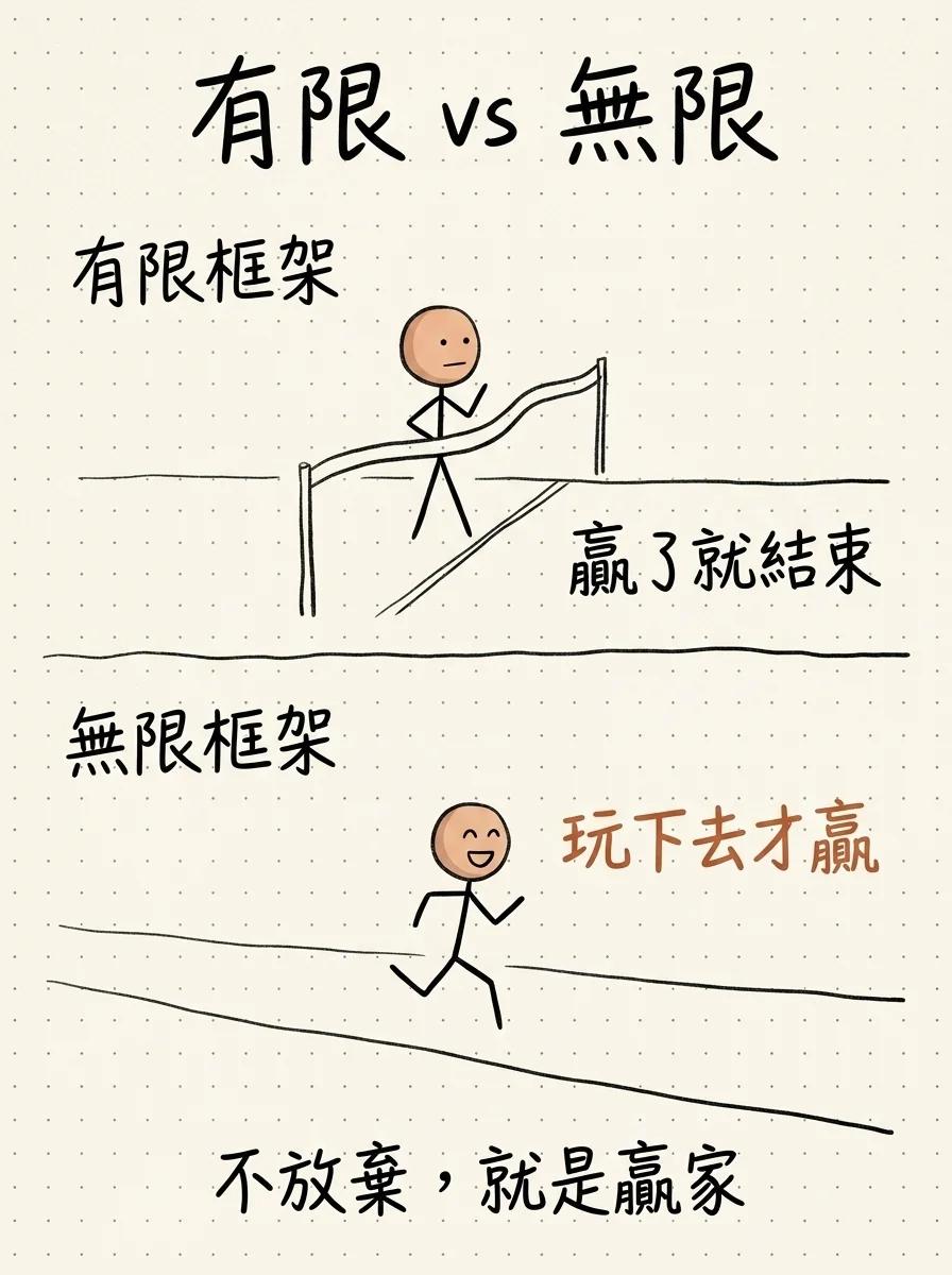 有限框架vs無限框架:有限是贏了就結束,無限是玩下去才贏,不放棄就是贏家