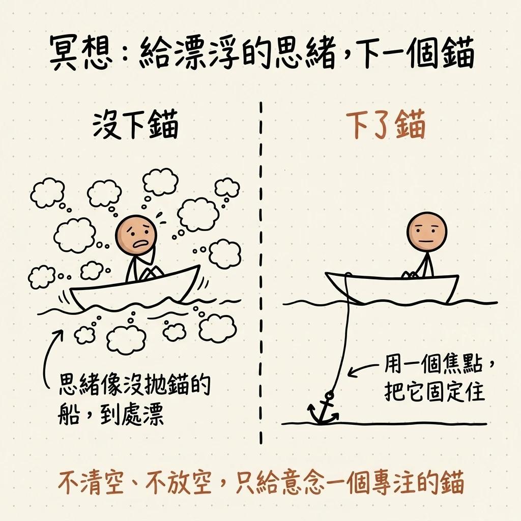 冥想是給漂浮的思緒下一個錨:沒下錨時思緒像沒拋錨的船到處漂,下了錨用一個焦點把它固定住,不清空不放空只給意念一個專注的錨
