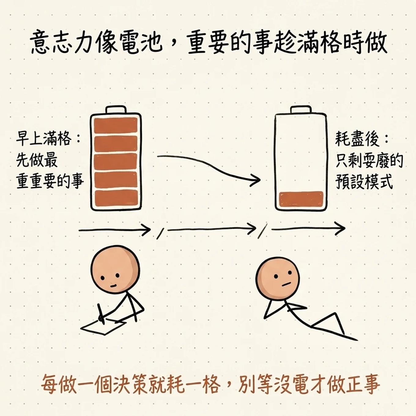 意志力像電池重要的事趁滿格時做：早上滿格先做最重要的事，耗盡後只剩耍廢的預設模式，每做一個決策就耗一格別等沒電才做正事