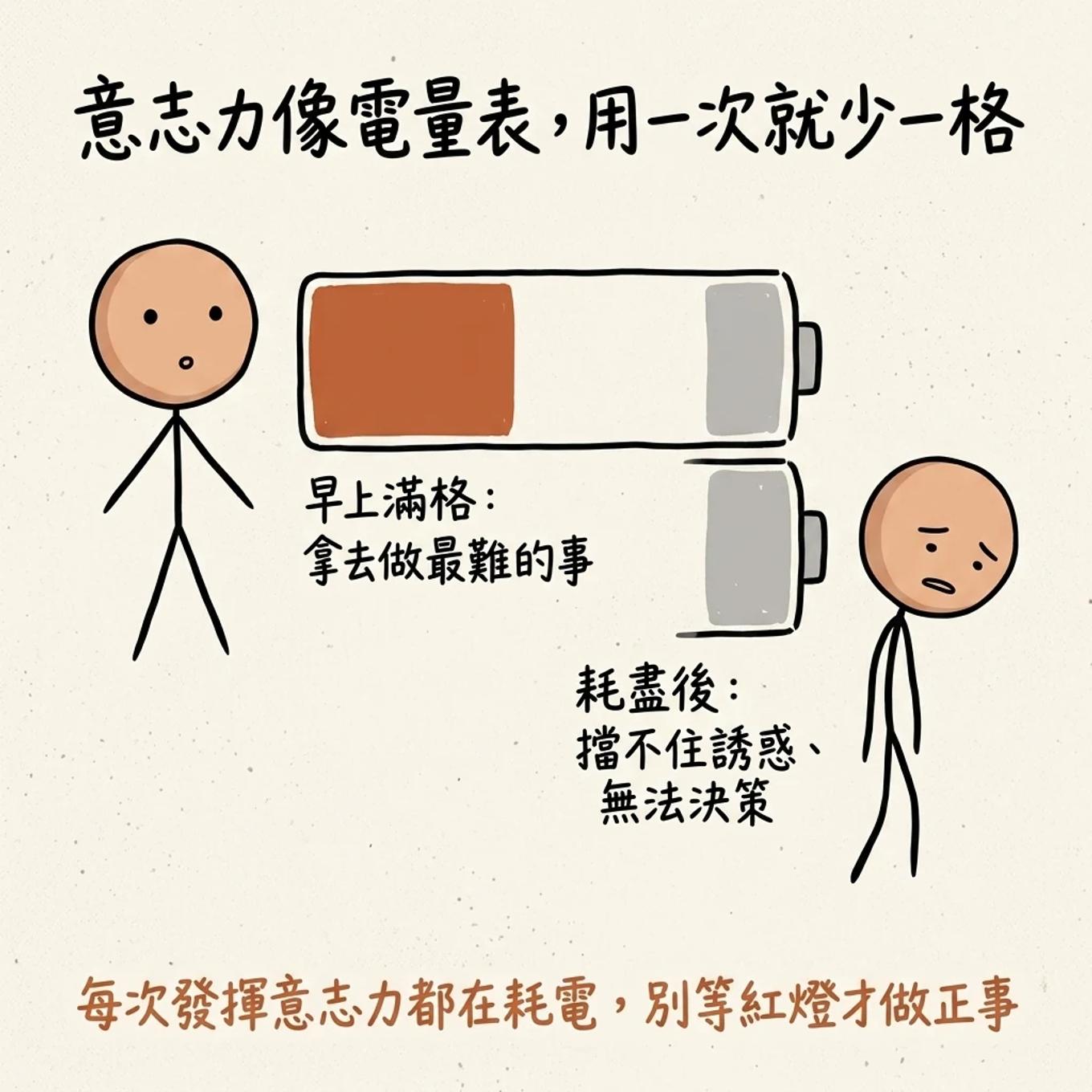 意志力像電量表用一次就少一格：早上滿格拿去做最難的事耗盡後擋不住誘惑無法決策，每次發揮意志力都在耗電別等紅燈才做正事