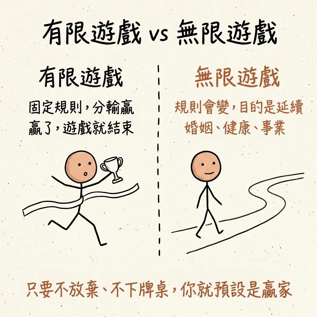 有限遊戲對比無限遊戲:有限遊戲固定規則分輸贏贏了就結束,無限遊戲規則會變目的是延續,像婚姻健康事業,只要不放棄不下牌桌你就預設是贏家