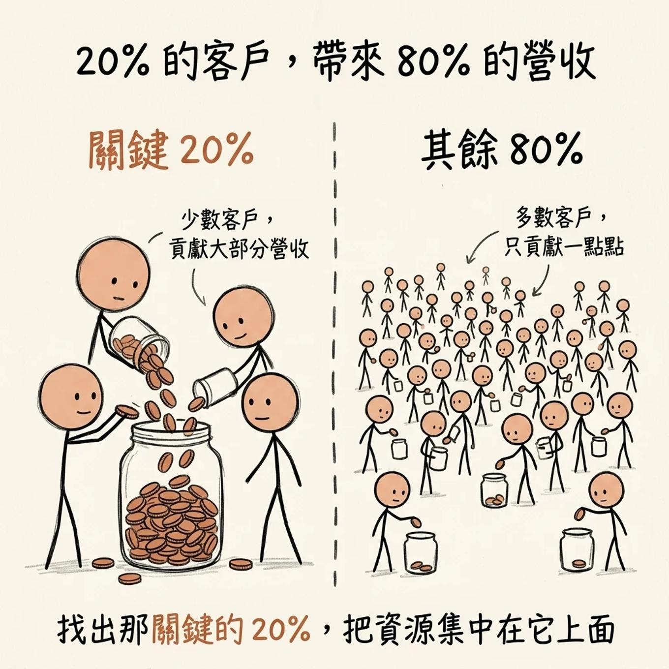 20%的客戶帶來80%的營收：關鍵的少數客戶貢獻大部分營收，其餘多數客戶只貢獻一點點，找出那關鍵的百分之二十把資源集中在它上面