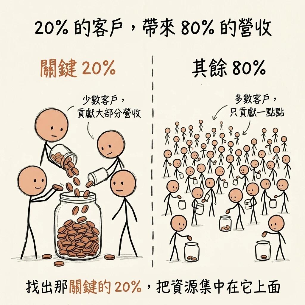 20%的客戶帶來80%的營收:關鍵的少數客戶貢獻大部分營收,其餘多數客戶只貢獻一點點,找出那關鍵的百分之二十把資源集中在它上面