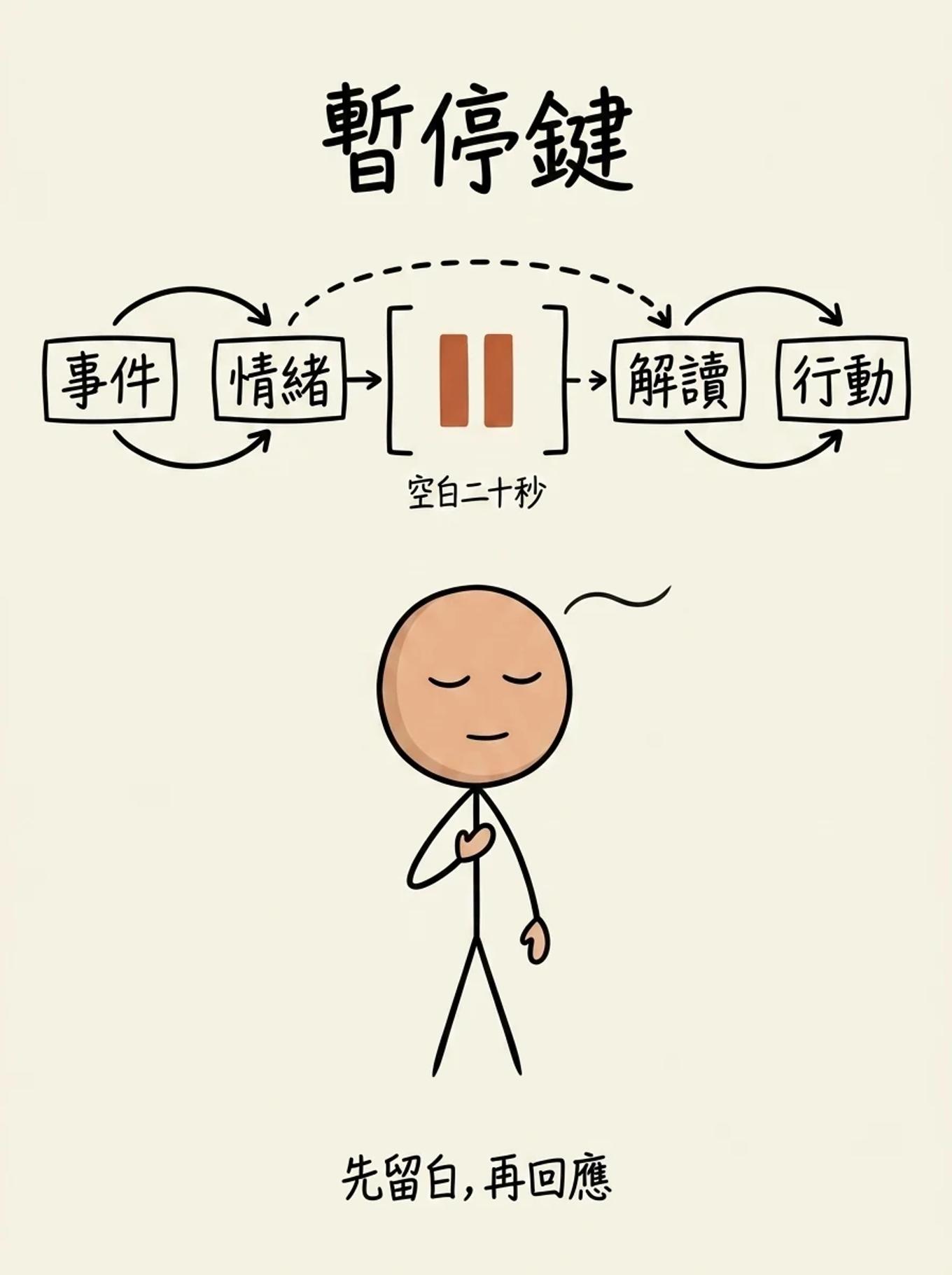 情緒暫停鍵：在情緒反應與認知解讀之間插入一段二十秒的空白緩衝，先深呼吸留白再回應