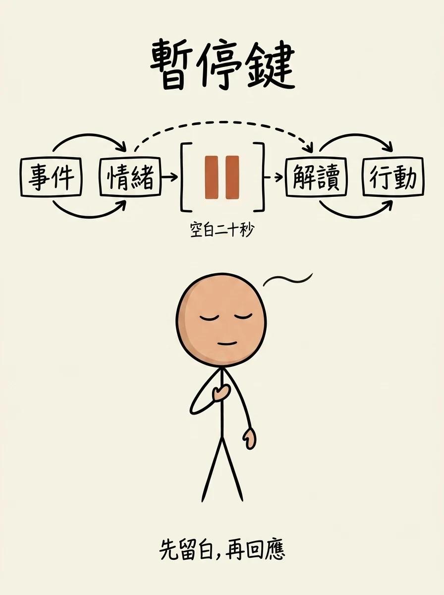 情緒暫停鍵:在情緒反應與認知解讀之間插入一段二十秒的空白緩衝,先深呼吸留白再回應