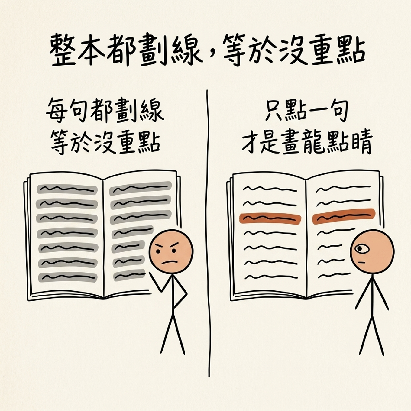 整本都劃線等於沒重點：每句都劃線、全部一樣就凸顯不出重點；只把關鍵句劃線，才是畫龍點睛