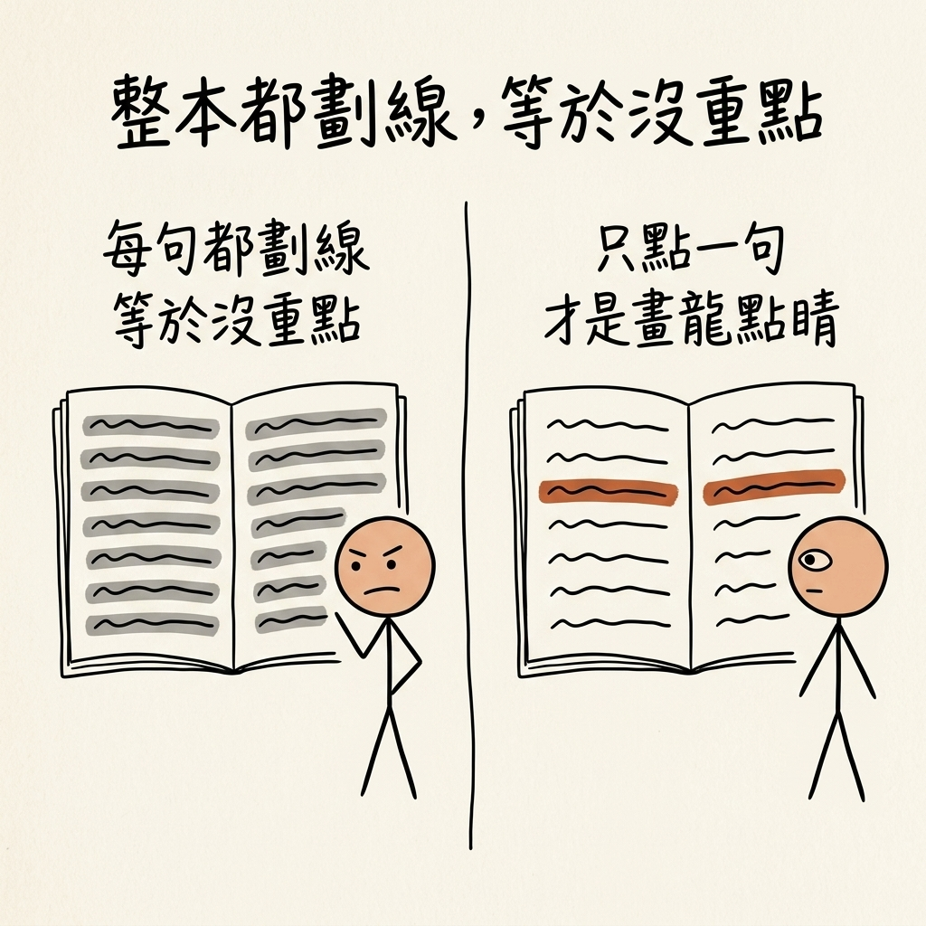 整本都劃線等於沒重點:每句都劃線、全部一樣就凸顯不出重點;只把關鍵句劃線,才是畫龍點睛