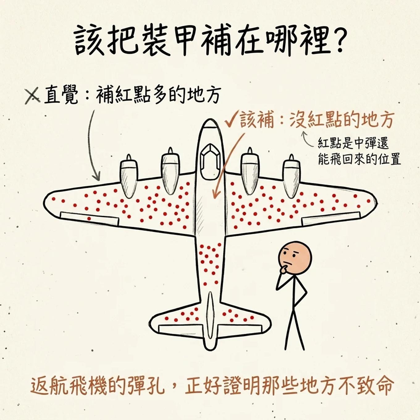 倖存者偏差的轟炸機：返航飛機的彈孔集中在機翼機身，真正該補裝甲的是沒有彈孔的引擎與駕駛艙