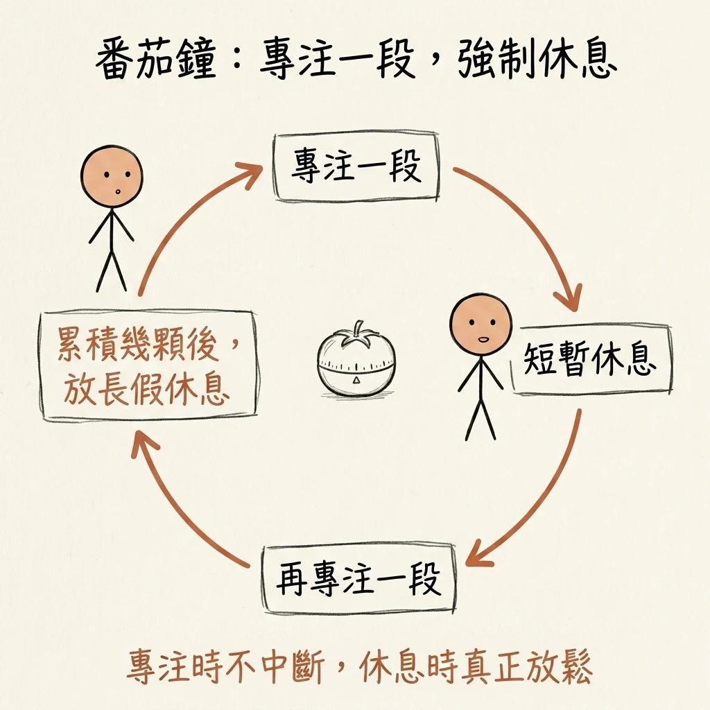 番茄鐘循環:專注一段、短暫休息、再專注一段、累積幾顆後放長假休息,專注時不中斷休息時真正放鬆