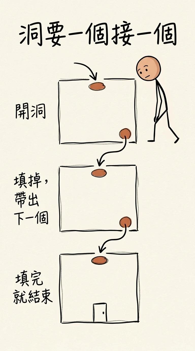 洞要一個接一個:每段開一個洞、給料填掉,填掉的答案帶出下一個洞,最後一段填完就結束、不再開新的