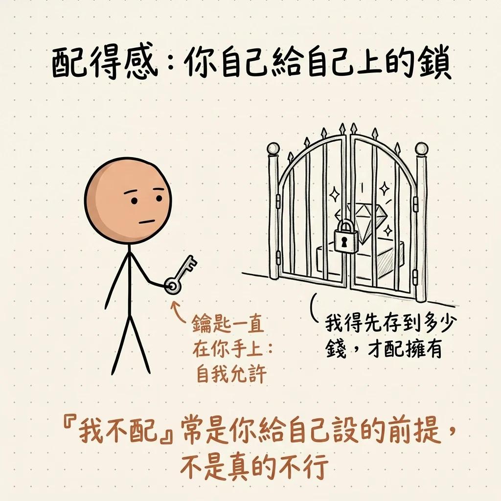 配得感是你自己給自己上的鎖:以為要先存到多少錢才配擁有把獎品鎖在門後,但鑰匙一直在你手上就是自我允許,我不配常是你給自己設的前提不是真的不行