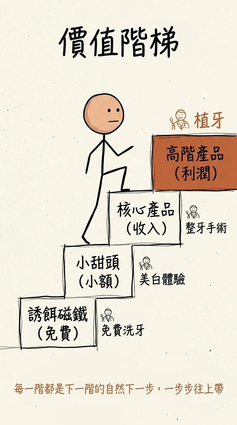 價值階梯:誘餌磁鐵、小甜頭、核心產品、高階產品四階,每一階都是下一階的自然下一步