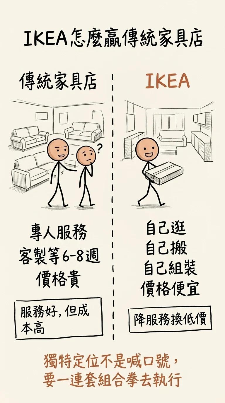 IKEA的組合拳:用自助挑貨、倉庫自取、自行組裝一整套設計,把成本壓到競爭對手難以模仿