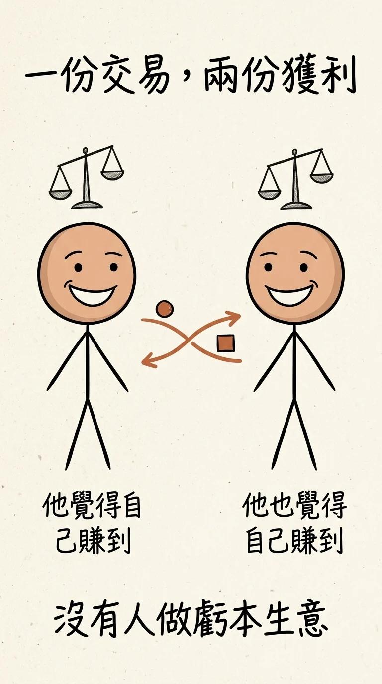 一份交易兩份獲利:兩個人交換不同的東西,兩邊的天平都倒向自己這側,各自都覺得賺到——沒有人做虧本生意