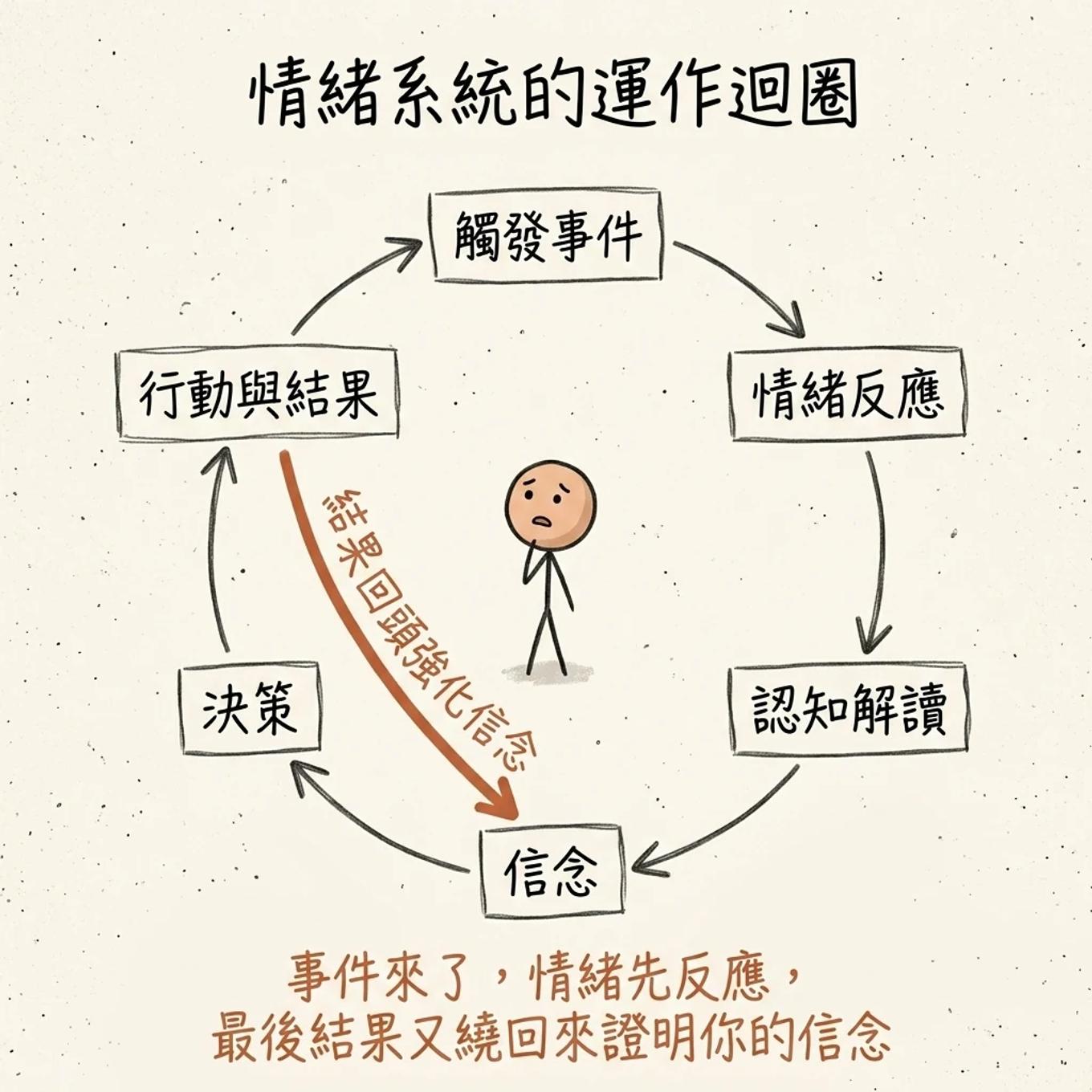 情緒系統的運作迴圈：觸發事件、情緒反應、認知解讀、信念、決策、行動與結果，最後結果又回頭強化信念