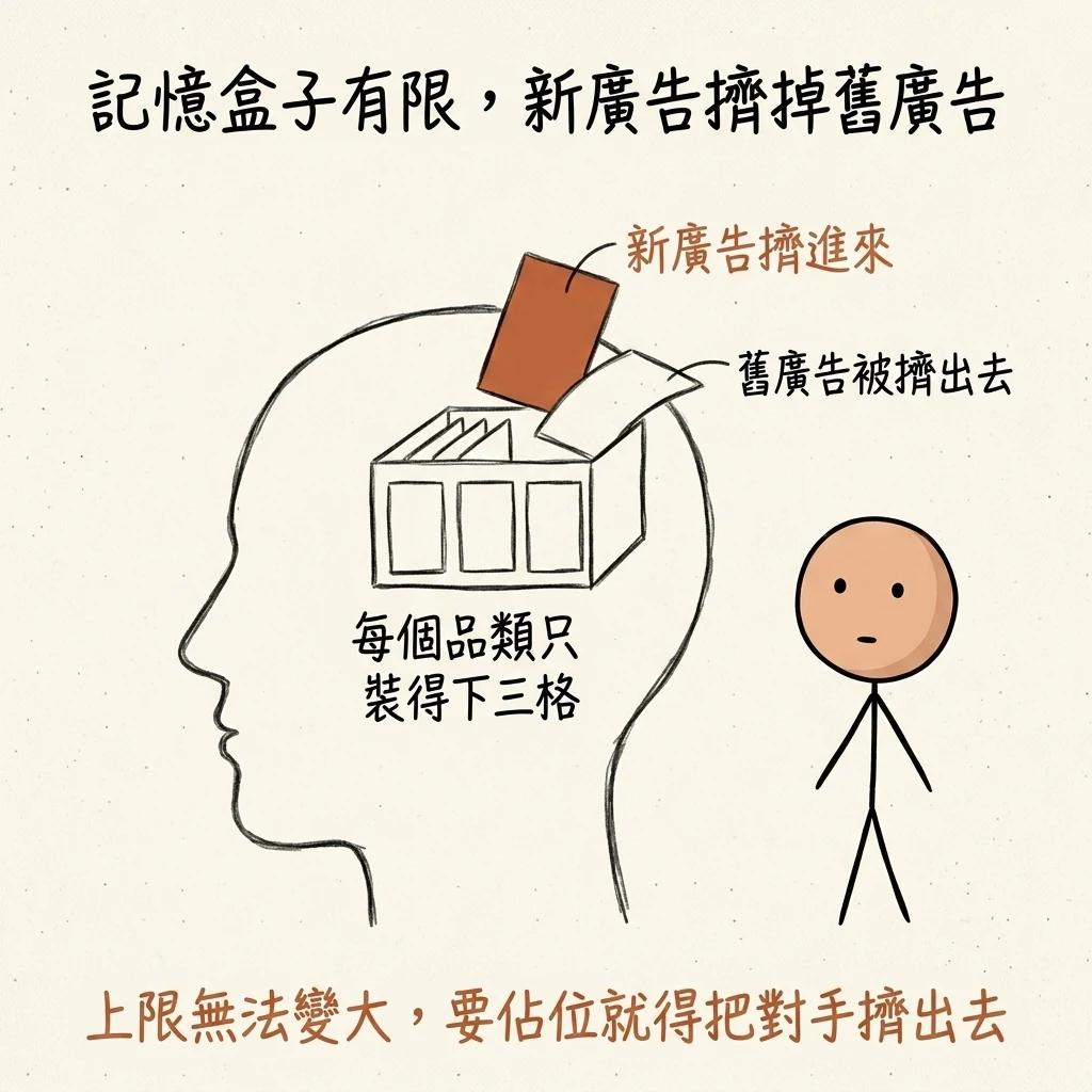 記憶盒子有限新廣告擠掉舊廣告:消費者大腦每個品類只裝得下三格新廣告擠進來舊廣告就被擠出去,上限無法變大要佔位就得把對手擠出去