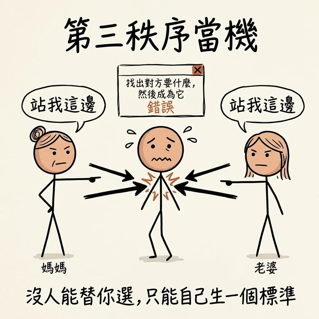 第三秩序當機：媽媽和老婆都要你站她那邊，「找出對方要什麼然後成為它」這條指令跑不下去，沒人能替你選，只能自己生一個標準