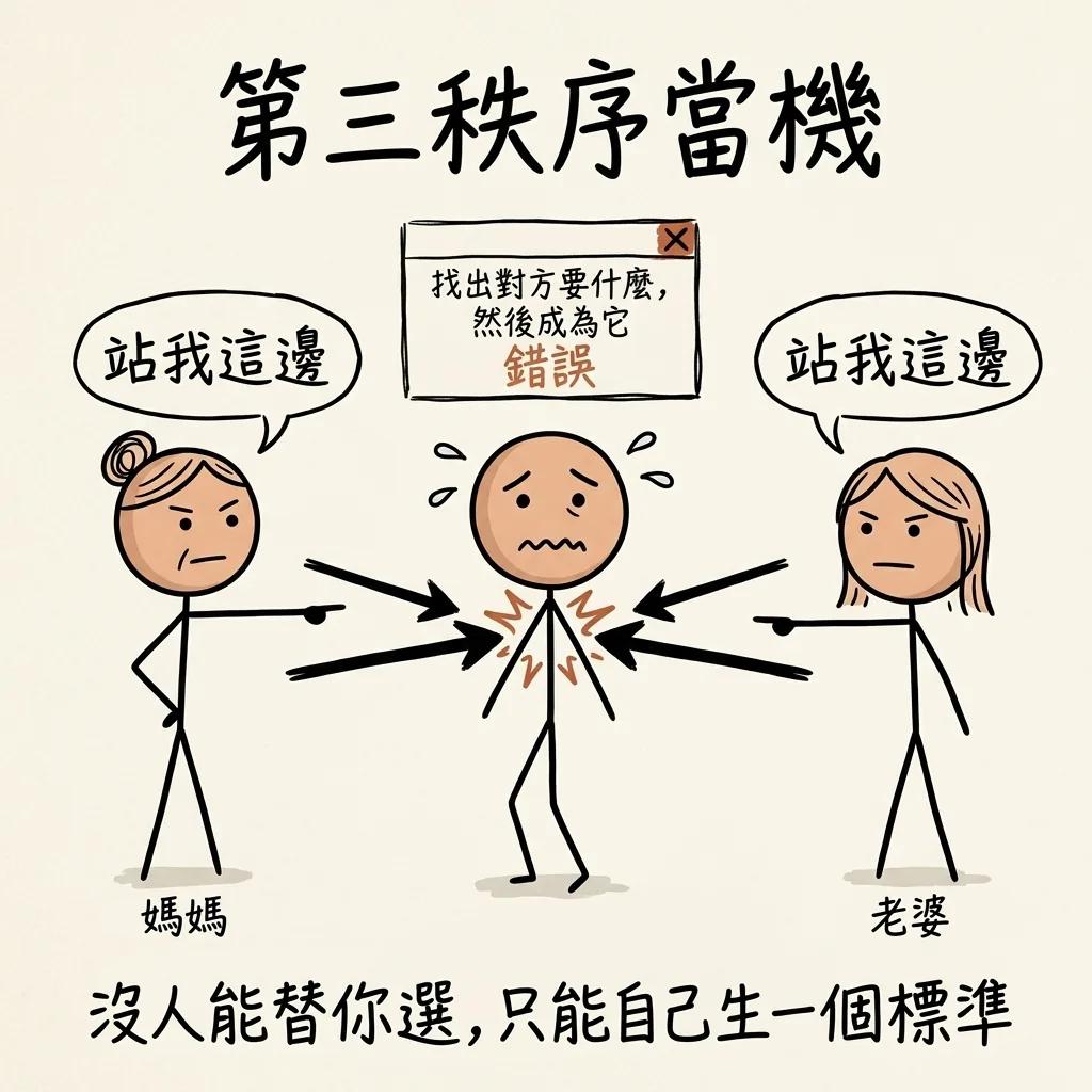 第三秩序當機:媽媽和老婆都要你站她那邊,「找出對方要什麼然後成為它」這條指令跑不下去,沒人能替你選,只能自己生一個標準
