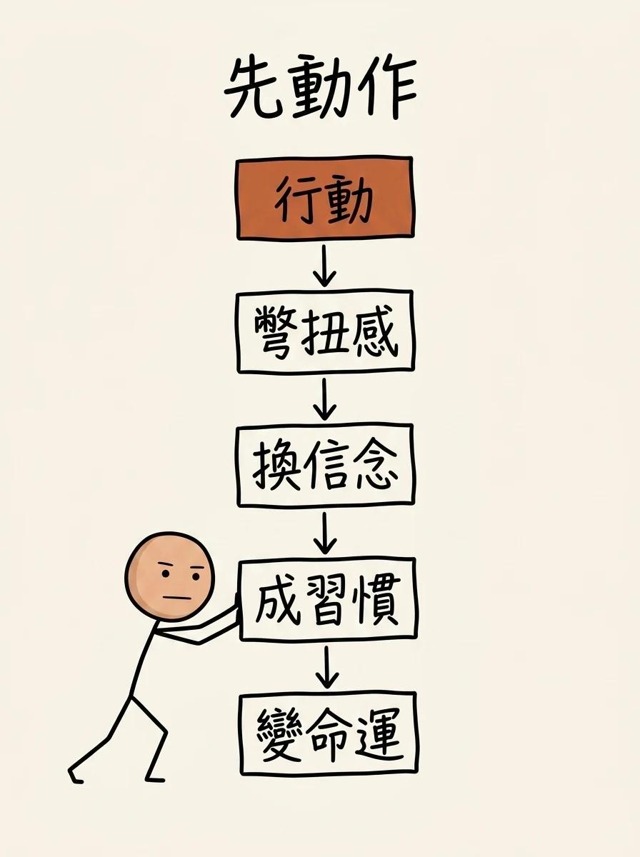 先動作的改變迴路:從行動開始,產生彆扭感後反過來換信念,成習慣、變性格、最後改變命運