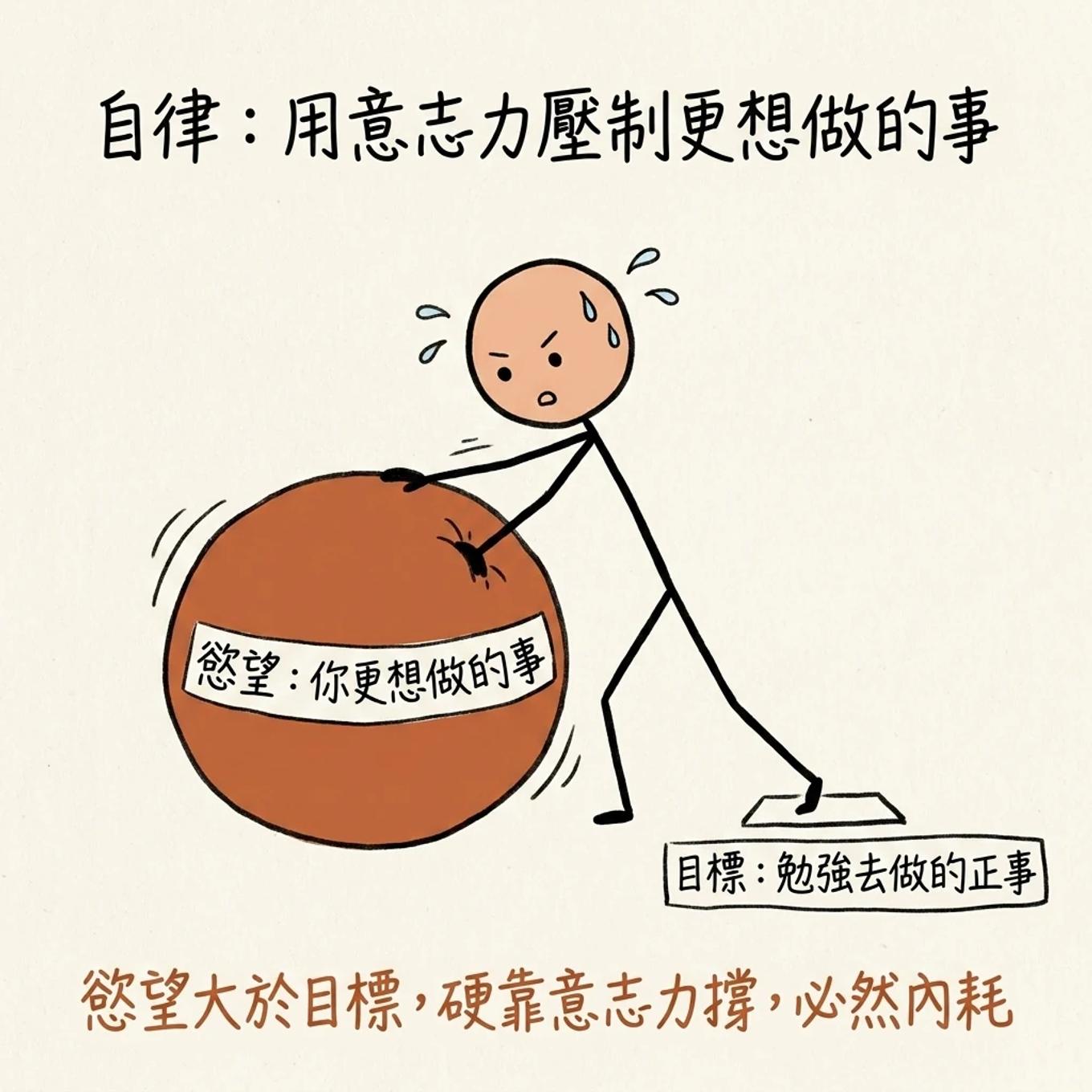 自律是用意志力壓制更想做的事：把慾望這顆大球用力壓下去，勉強去做目標這件正事，慾望大於目標硬靠意志力撐必然內耗