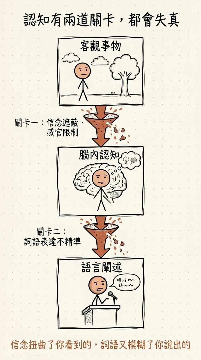 認知有兩道關卡都會失真:客觀事物經過關卡一信念遮蔽感官限制變成腦內認知,再經過關卡二詞語表達不精準變成語言闡述,信念扭曲了你看到的詞語又模糊了你說出的
