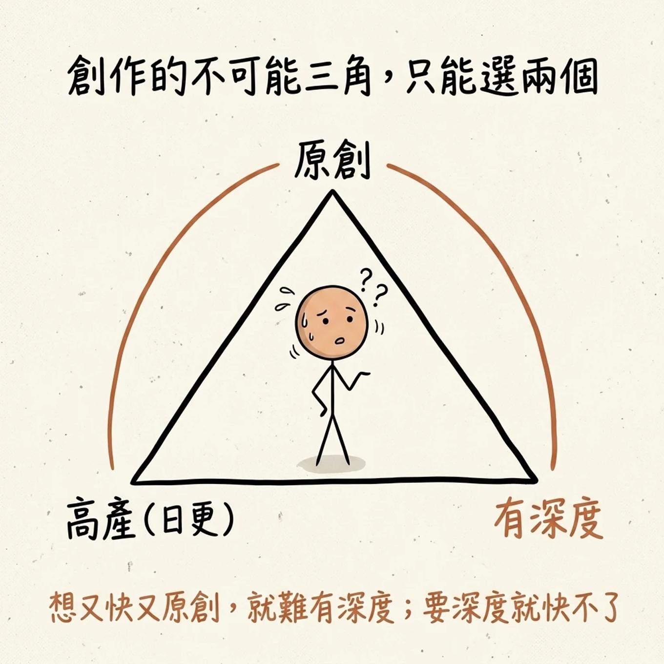 創作的不可能三角只能選兩個：原創高產日更有深度三者只能取其二，想又快又原創就難有深度要深度就快不了