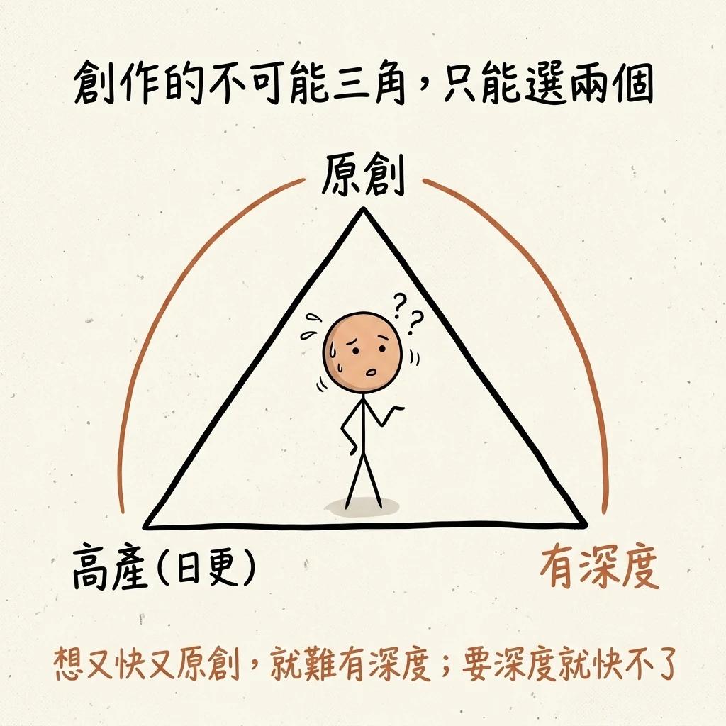 創作的不可能三角只能選兩個:原創高產日更有深度三者只能取其二,想又快又原創就難有深度要深度就快不了