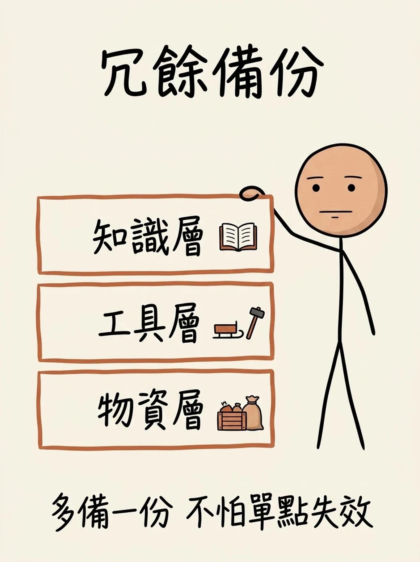 冗餘備份三層：物資層、工具層、知識層層層備份，避免任何單點失效拖垮全隊