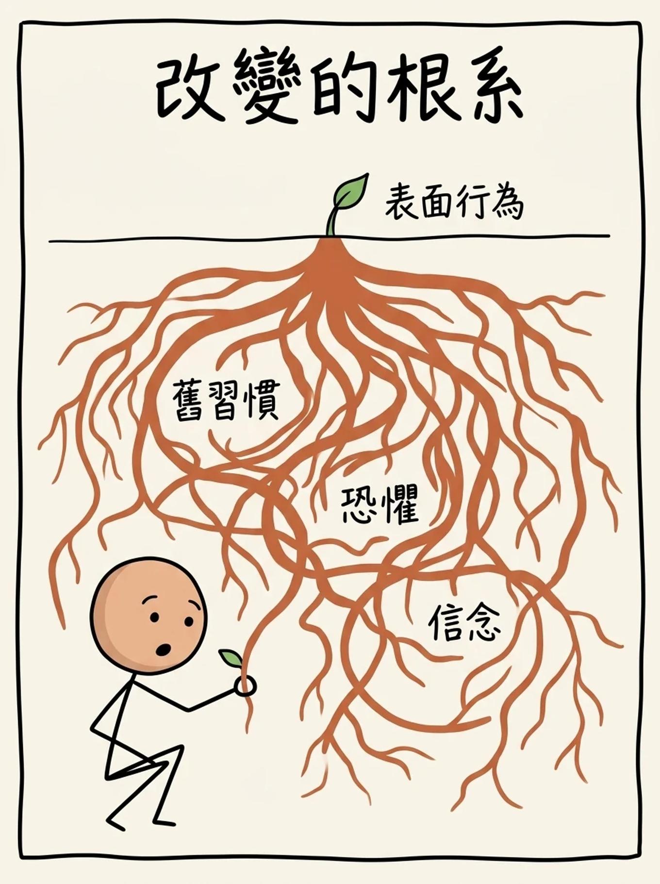 改變的根系：地表只是表面行為，地下盤根錯節的舊習慣、恐懼、信念才是真正拉住你的根