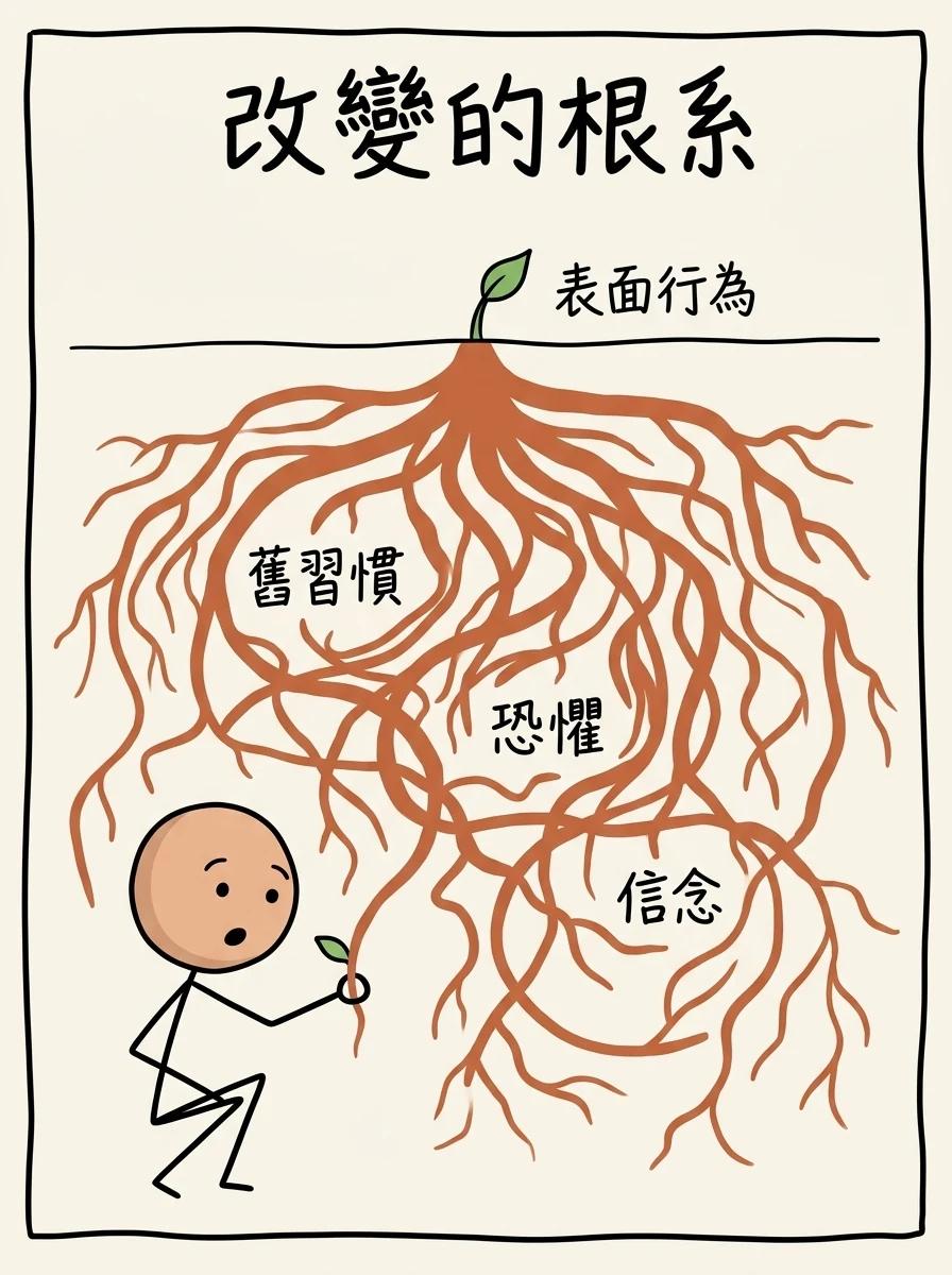 改變的根系:地表只是表面行為,地下盤根錯節的舊習慣、恐懼、信念才是真正拉住你的根